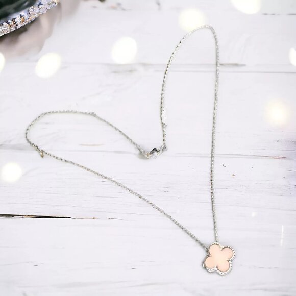 Authentic! Van Cleef & Arpels Alhambra 18k White Gold Pink Opal Pendant Necklace - Picture 2 of 7